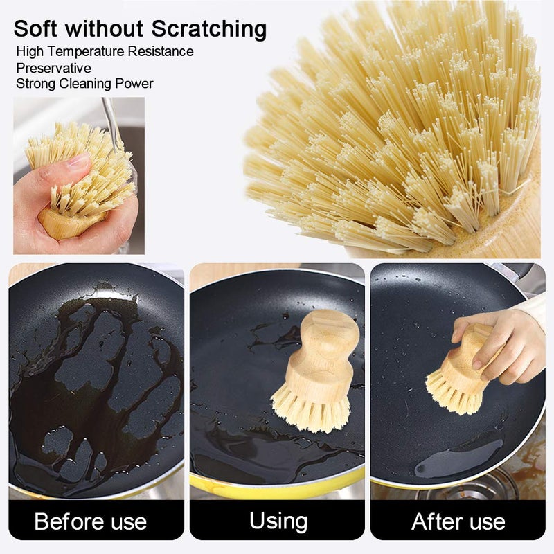 Picowe 2 Pack Bamboo Dish Scrub Brush, Picowe Natural Scrub Cleaning Brush Vegetable Brush for Dishes Cast Iron Pots Pans, Used in Bathroom Kitchen Sink Household Cleaning - Image 3